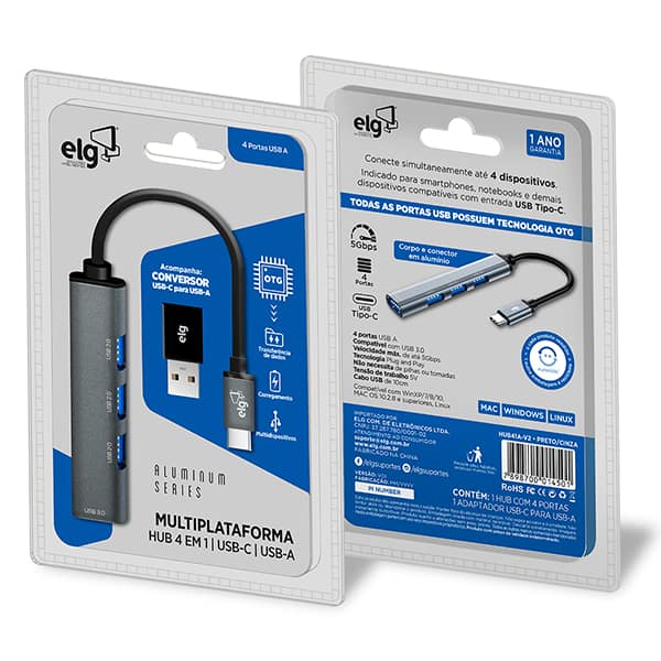 HUB USB-C 4 em 1, 3 portas USB 2.0, 1 Porta USB 3.0, Com Conversor USB-C para USB-A, 41A-V2, Elg - CX 1 UN