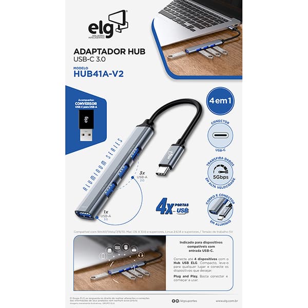 HUB USB-C 4 em 1, 3 portas USB 2.0, 1 Porta USB 3.0, Com Conversor USB-C para USB-A, 41A-V2, Elg - CX 1 UN