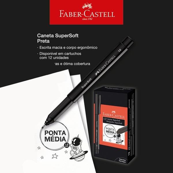 Caneta SuperSoft Pen Preto, 1.0mm, Faber-Castell - CX 12 UN