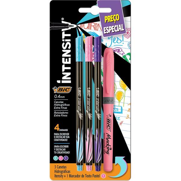 Kit Escrita BIC, com 3 canetas hidrográficas + marca texto rosa, 971237, BIC - BT 1 UN