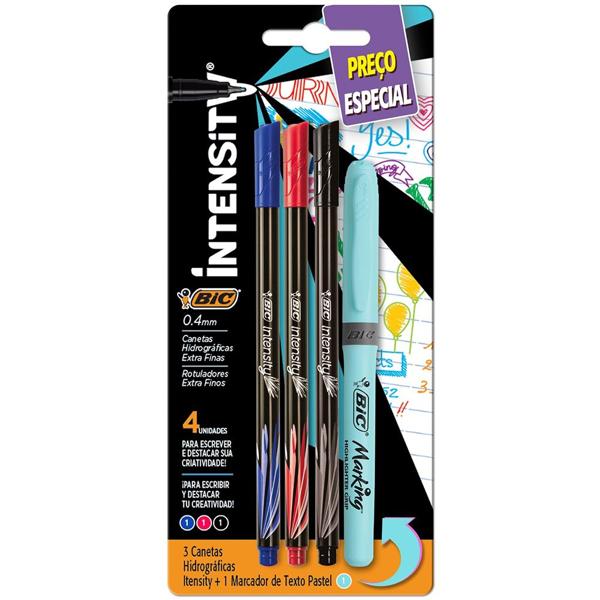 Kit Escrita BIC, com 3 canetas hidrográficas + marca texto Azul, 971240, BIC - BT 1 UN