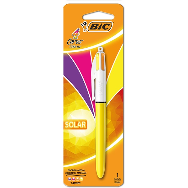 Caneta Esferográfica Retrátil BIC, 4 Cores, Solar, Corpo Amarelo, Ponta Fina de 1.0mm, 517657 - BT 1 UN