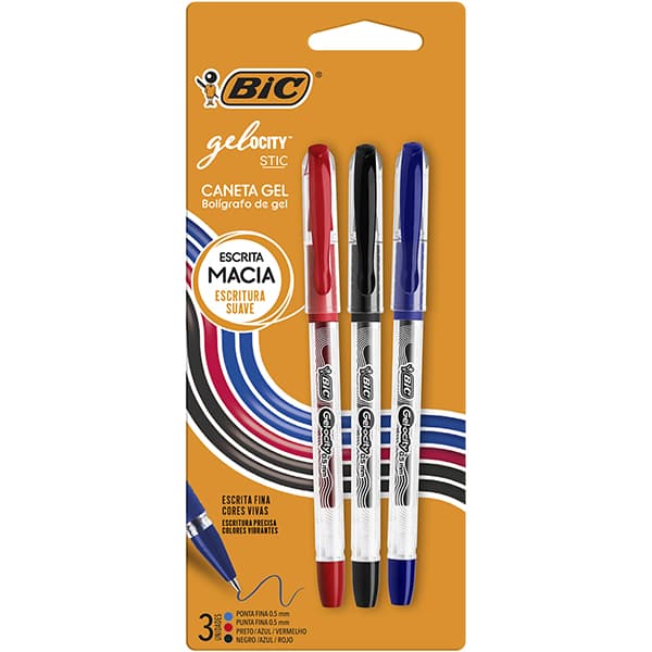 Caneta esferográfica Gel, 0,5mm, Azul, Preta, Vermelho, BIC - BT 3 UN