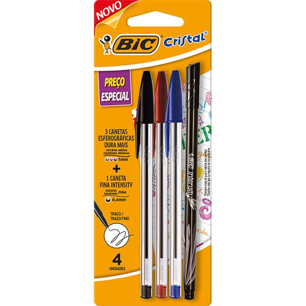 Kit escrita BIC com 3 canetas esferográficas ponta média 1.0mm + 1 caneta hidrográfica ponta fina 0.4mm, 524336, BIC - BT 4 UN