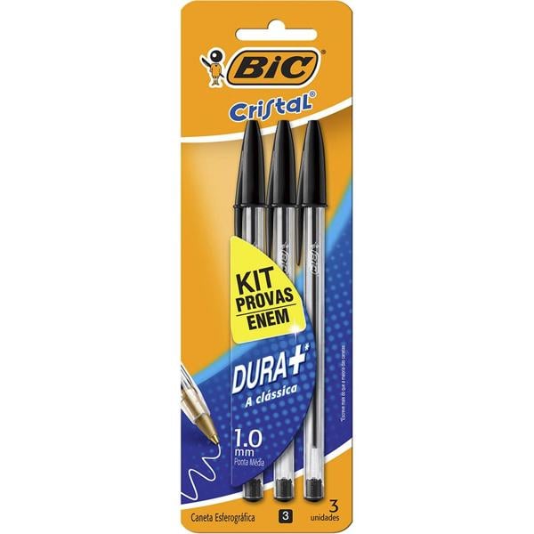 Kit Enem, Caneta Esferográfica BIC Cristal Dura Mais Preta, A Clássica, Ponta Média de 1.0mm, 930095 - BT 3 UN