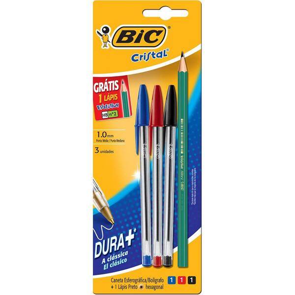 Kit Pack 3 Canetas Cristal Dura Mais Azul/Preta/Vermelha + 1 Lápis Preto BIC Evolution HB2, Dura+, 930099 - CX 4 UN
