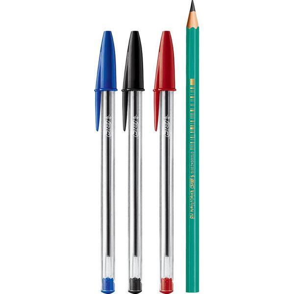 Kit Pack 3 Canetas Cristal Dura Mais Azul/Preta/Vermelha + 1 Lápis Preto BIC Evolution HB2, Dura+, 930099 - CX 4 UN