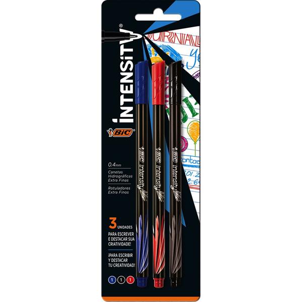 Caneta Hidrográfica BIC Intensity, 3 Cores Clássicas, Ponta Ultra Fina de 0.4mm, Precisão no Traço, 930191 - BT 1 UN