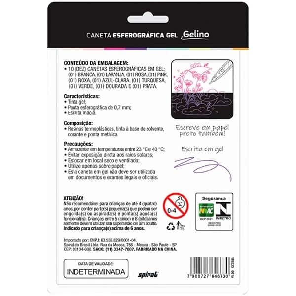 Caneta Gel Ponta de 0.7mm 10 Cores (Branca, Laranja, Rosa, Pink, Roxa, Azul-claro, Turquesa, Verde, Dourada e Prata) Gelino - BT 10 UN