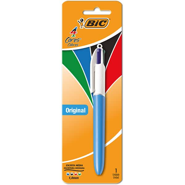 Caneta Esferográfica Retrátil BIC 4 Cores Clássicas, Corpo Azul Ponta Média de 1.0mm, BT 1 UN