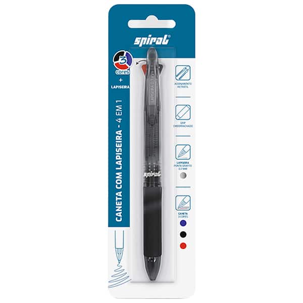 Caneta Esferográfica Retrátil 3 cores (Azul, Preta e Vermelha) + Lapiseira 0.7mm, Spiral - BT 1 UN
