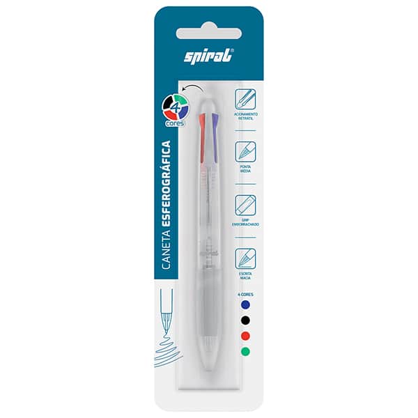 Caneta esferográfica retrátil, 4 cores, ponta de 0,7mm, Transparente, AA99-3K, Spiral BT 1 UN
