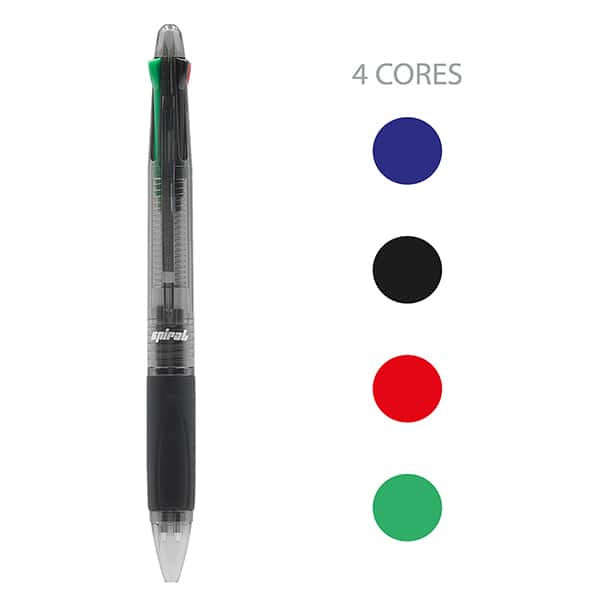 Caneta esferográfica retrátil, 4 cores, ponta de 0,7mm, Fumê, AA99-3K, Spiral - BT 1 UN