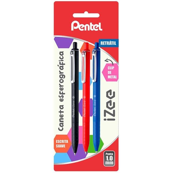 Caneta esferográfica retrátil 1.0mm, Izee, com 3 cores, Pentel - BT 3 UN