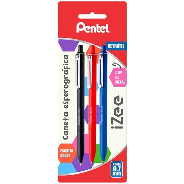 Caneta esferográfica retrátil 0.7mm, Izee, com 3 cores, Pentel - BT 3 UN