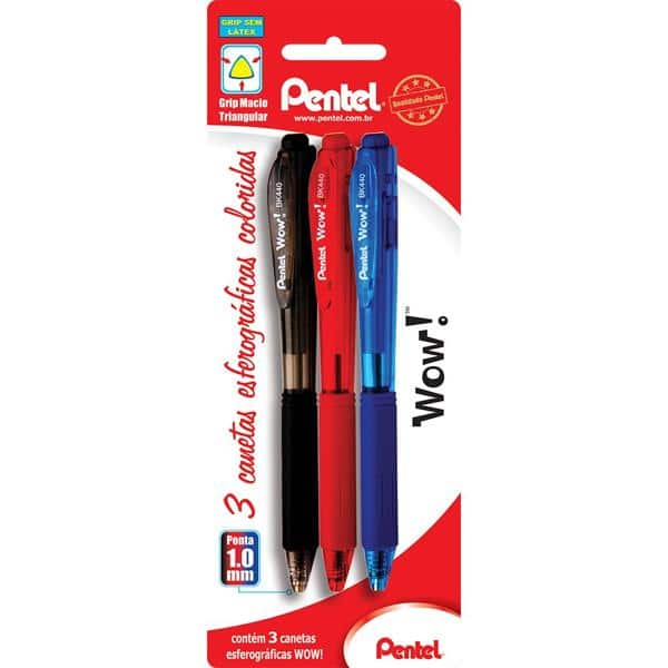 Caneta Esferográfica 1,0mm Preta, Vermelha e Azul, SM-BK440-ABC6 - Pentel BT 3 UN