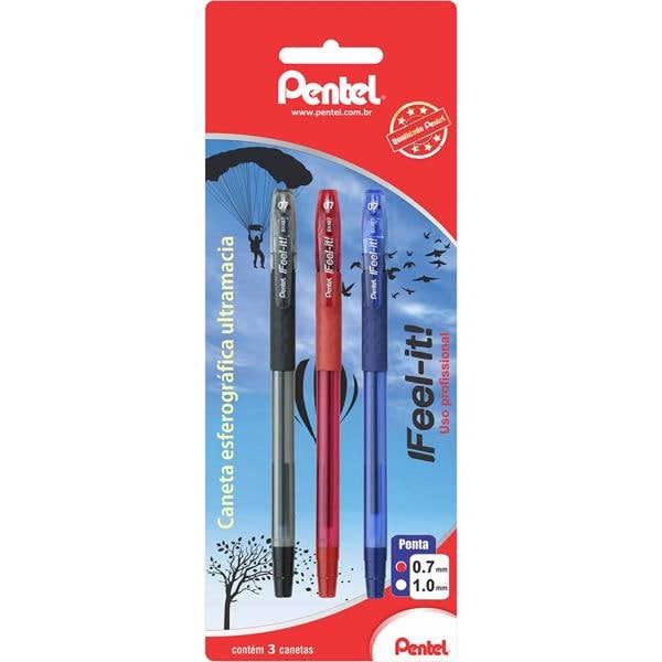 Caneta Esferográfica 0.7mm Preta, Vermelha e Azul, SM-BX487-ABC6 - Pentel BT 3 UN