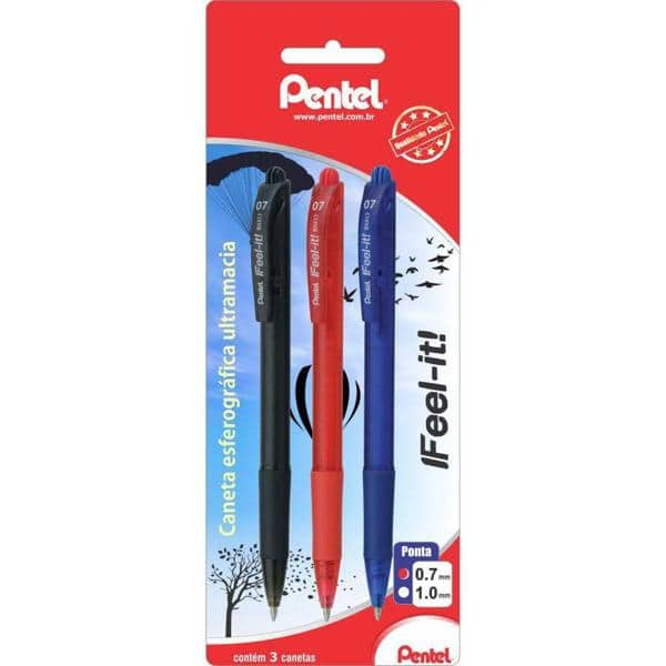 Caneta Esfer.Retrátil 0.7mm Preta, Vermelha e Azul, SM-BX417-ABC6 - Pentel BT 3 UN