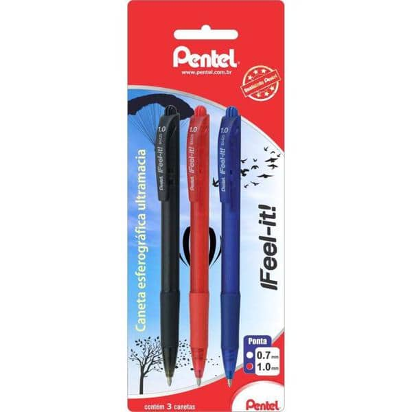 Caneta Esfer.Retrátil 1.0mm Preta, Vermelha e Azul, SM-BX420-ABC6 - Pentel BT 3 UN