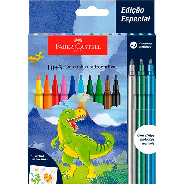 Caneta hidrográfica 10 cores + 3 Dinossauro, Faber-Castell - CX 13 ET
