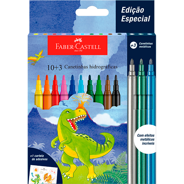 Caneta hidrográfica 10 cores + 3 Dinossauro, Faber-Castell - CX 13 ET Caneta hidrográfica 10 cores + 3 Dinossauro, Faber-Castell - CX 13 ET