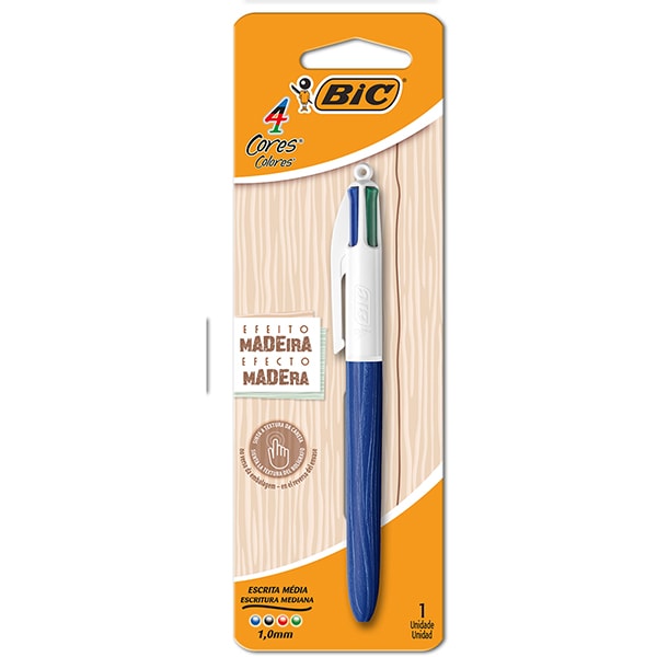 Caneta Esferográfica Retrátil BIC, 4 Cores, Original, Wood Style, Ponta Fina de 1.0mm, 517662 - BT 1 UN