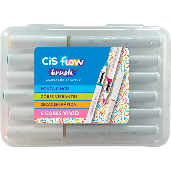 Caneta pincel Brush Pen 06 cores, Flow Criativo vívidas, Cis - ET 6 UN Caneta pincel Brush Pen 06 cores, Flow Criativo vívidas, Cis - ET 6 UN