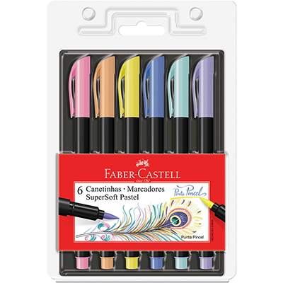 Canetinha SuperSoft Pastel 6 Cores com ponta pincel Faber-Castell - BT 6 UN Canetinha SuperSoft Pastel 6 Cores com ponta pincel Faber-Castell - BT 6 UN