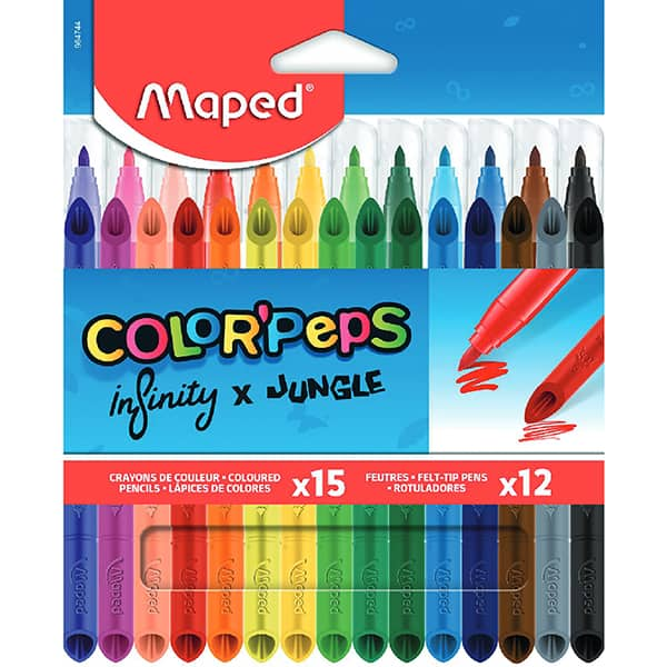 Kit desenho com 15 Lápis de Cor infinity +12 canetas hidrográficas, 984744, Maped - CX 1 UN