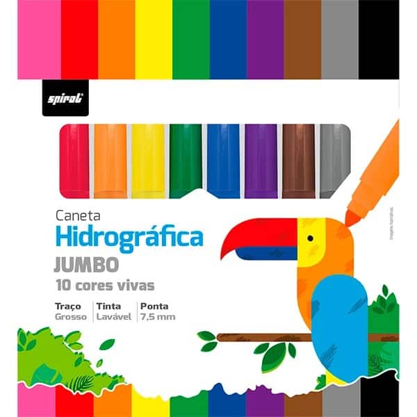 Caneta hidrográfica Jumbo lavável, 10 cores, ponta 7,5mm, Spiral - BT 1 UN Caneta hidrográfica Jumbo lavável, 10 cores, ponta 7,5mm, Spiral - BT 1 UN