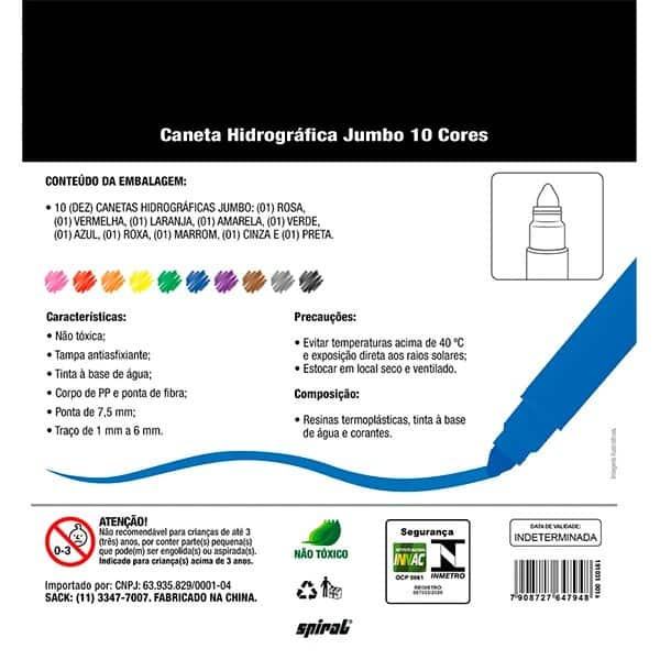 Caneta hidrográfica Jumbo lavável, 10 cores, ponta 7,5mm, Spiral - BT 1 UN Caneta hidrográfica Jumbo lavável, 10 cores, ponta 7,5mm, Spiral - BT 1 UN