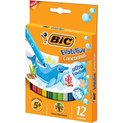 Canetinhas Hidrográficas BIC Evolution Ultra Lavável com 12 cores, Cores vivas, Ponta resistente, 940599 - CX 1 UN