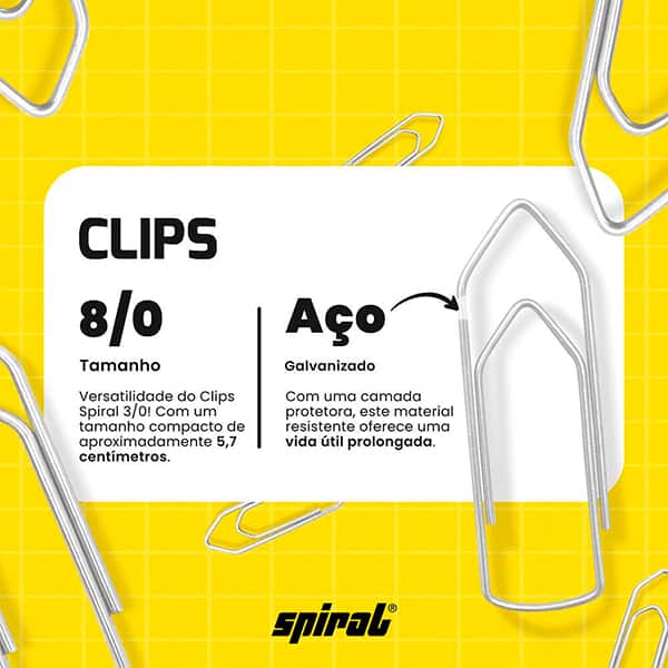 Clips número 8/0 galvanizado, Caixa com 25 unidades, Spiral - PT 1 UN Clips número 8/0 galvanizado, Caixa com 25 unidades, Spiral - PT 1 UN