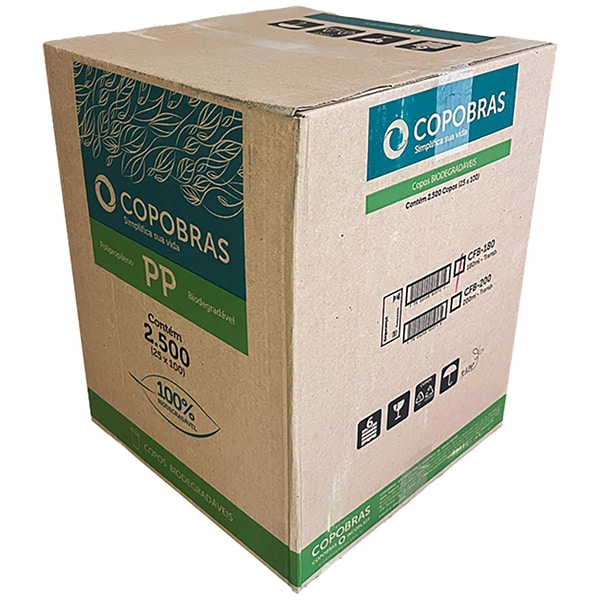 Copo plástico descartável Biodegradável,180ml, PP, Caixa com 2.500 unidades, CFB180, Copobras - CX 2500 UN