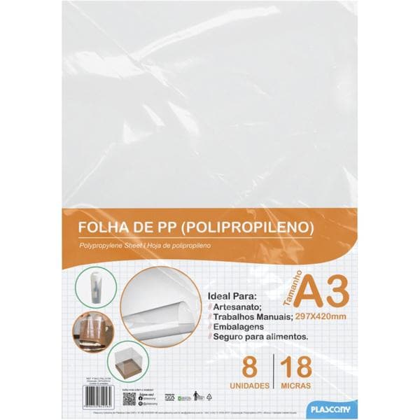 Folha polipropileno, A3, 0,18mm, PAL-01336, Plascony - PT 8 UN