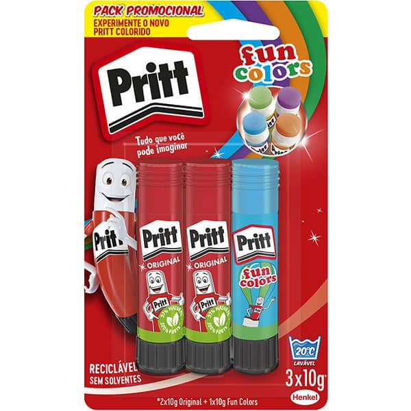 Cola em bastão Pritt 30g, com 2 colas brancas + 1 fun color sortida, 2950278, Henkel - BT 1 UN