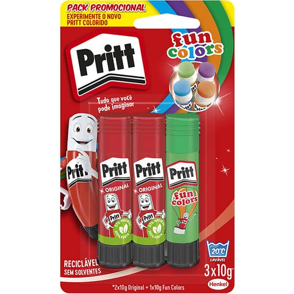 Cola em bastão Pritt 30g, com 2 colas brancas + 1 fun color sortida, 2950278, Henkel - BT 1 UN