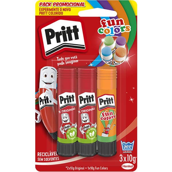 Cola em bastão Pritt 30g, com 2 colas brancas + 1 fun color sortida, 2950278, Henkel - BT 1 UN