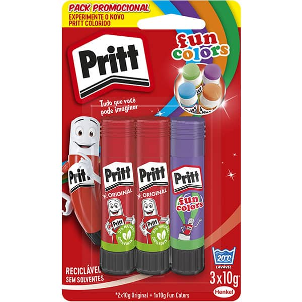 Cola em bastão Pritt 30g, com 2 colas brancas + 1 fun color sortida, 2950278, Henkel - BT 1 UN