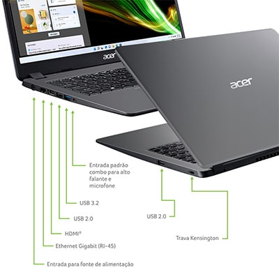 Notebook Aspire 3, Processador Core i3, Windows 11 Home, 4GB de Memória RAM, 256GB SSD de Armazenamento, Tela de 15", A315-56-3478, Acer - CX 1 UN