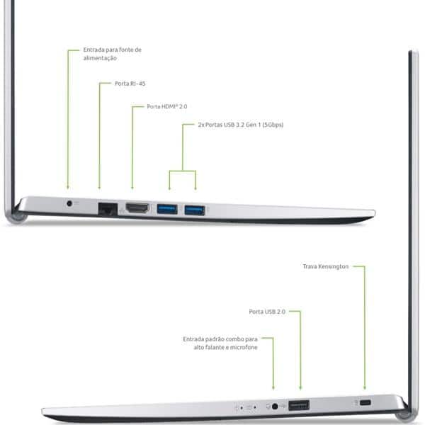 Notebook Acer Aspire A3, Processador Core i5, 8GB de Memória, 256GB SSD de Armazenamento, Tela de 15,6", Windows 11 Home, Prata, A315-58-573P, Acer - CX 1 UN