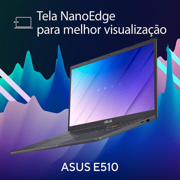 Notebook Asus Intel Celeron Dual Core, 4GB de Memória, Armazenamento 128GB eMMC, Windows 11, Preto, Tela de 15,6", com Microsoft 365 Personal 12 Meses*, E510MA-BR1347WS - CX 1 UN