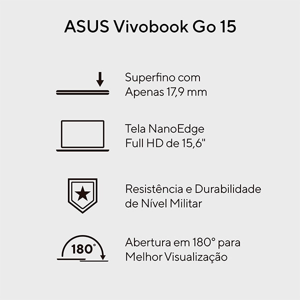 Notebook Asus Vivobook Go 15, Intel Core I3, 8GB de Memória, Armazenamento 512GB SSD, Windows 11 Home, Prata, Tela de 15,6", E1504GA-NJ435W CX 1 UN