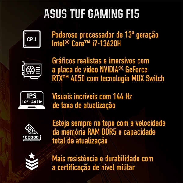 Notebook Gamer TUF Gaming F15, Placa de Vídeo Dedicada 6GB NVIDIA GeForce RTX 4050, Intel Core i7, 16GB de Memória, 512GB SSD de Armazenamento, Windows 11, Tela de 15,6", FX507VU-LP177W, Asus - CX 1 UN