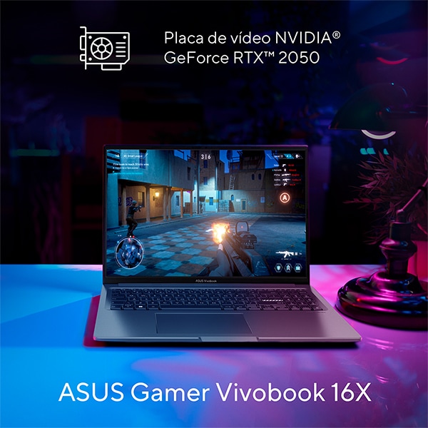 Notebook Gamer Vivobook 16X, Intel Core i5, Placa de Vídeo 4GB Dedicada NVIDIA GeForce RTX 2050, 8GB de Memória, 512GB de Armazenamento SSD, Windows 11 Home, Tela 16", Preto, K3605ZF-N1420W, Asus - 1 UN