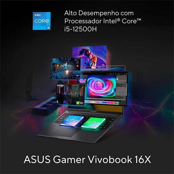 Notebook Gamer Vivobook 16X, Intel Core i5, Placa de Vídeo 4GB Dedicada NVIDIA GeForce RTX 2050, 8GB de Memória, 512GB de Armazenamento SSD, Windows 11 Home, Tela 16", Preto, K3605ZF-N1420W, Asus - 1 UN