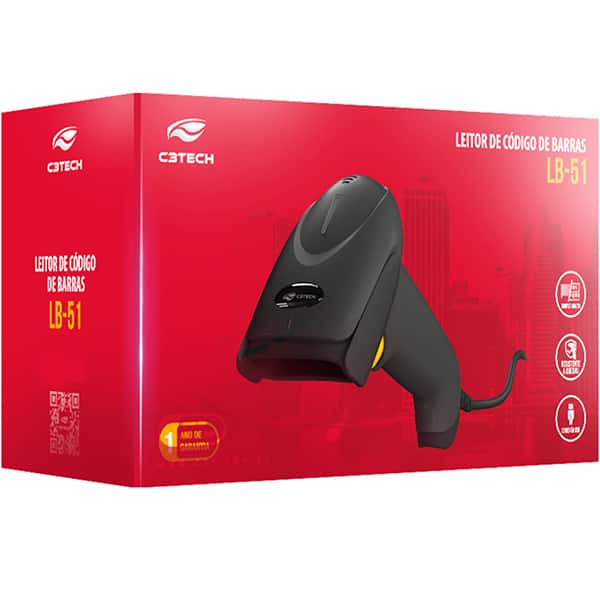 Leitor de código de barras Laser 1D, USB, Preto, LB-51BK, C3Tech - CX 1 UN