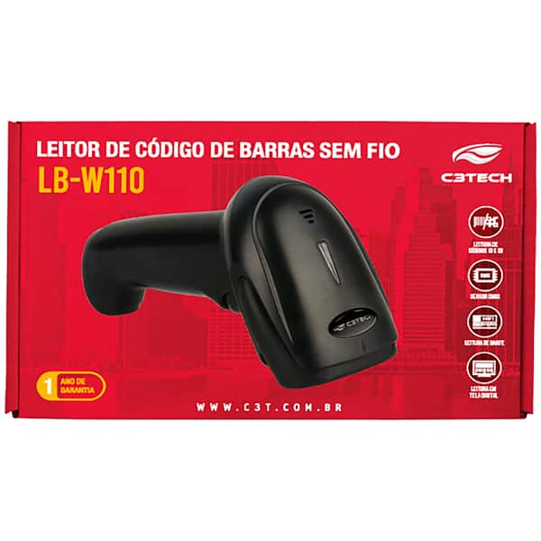 Leitor de código de barras CMOS 1D/2D, Sem FIo, Preto, LB-110BK, C3Tech - CX 1 UN Leitor de código de barras CMOS 1D/2D, Sem FIo, Preto, LB-110BK, C3Tech - CX 1 UN