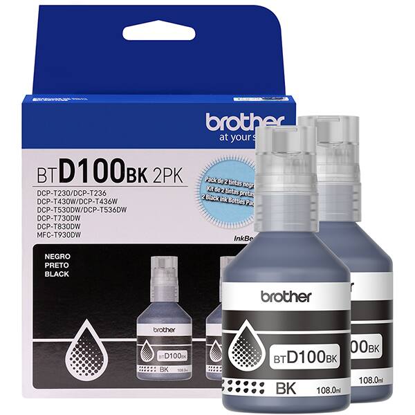 Garrafa de tinta Brother para recarga de equipamento Inkjet, Preto,(2 Refis de BTD100BK) - BTD1002PK CX 1 UN