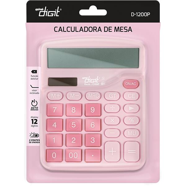 Calculadora de bolso (Bateria/Energia Solar), 12 dígitos, Rosa, 1200P, Spiral Digit - CX 1 UN